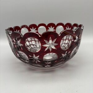 Vintage Bohemian Hand Cut Crystal Glass Ruby to Clear‎ bowl SIGNED 8.75"
